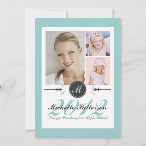 Elegant Monogram Photo Collage Graduation Teal Custom Invitations