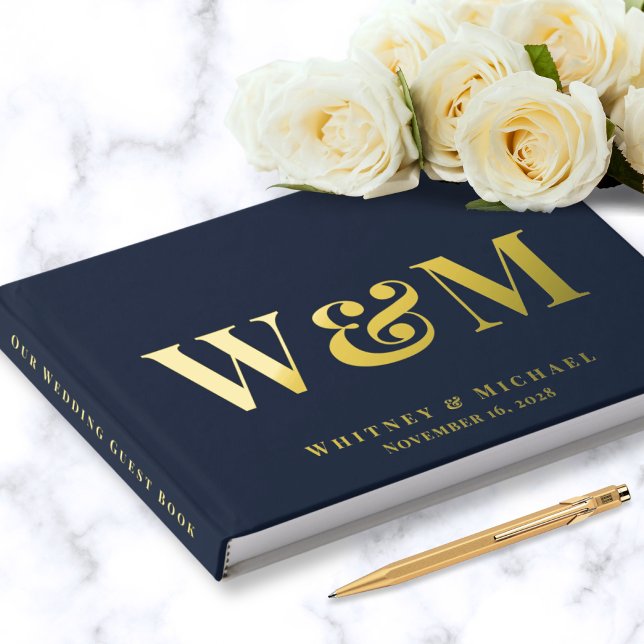 Elegant Monogram Photo Navy Blue Wedding Foil Guest Book (Creator Uploaded)