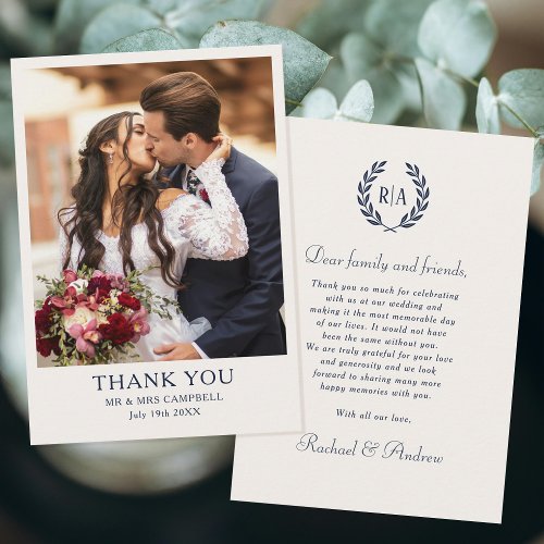Elegant  Monogram Photo Navy Blue Wedding Thank You Card