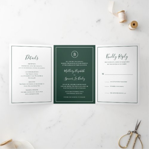 Elegant Monogram Photo Simple Forest Green Wedding Tri_Fold Invitation