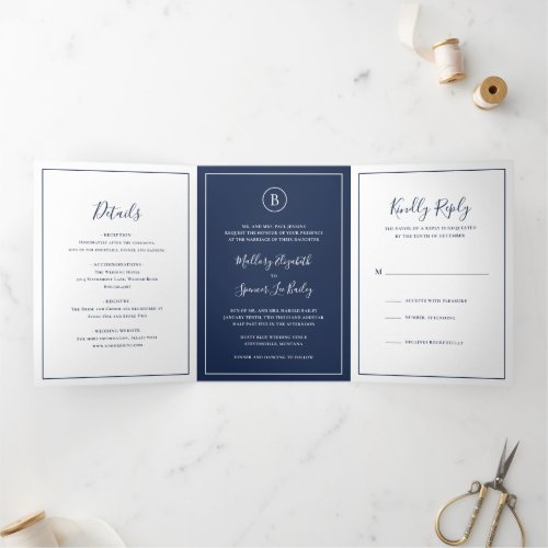 Elegant Monogram Photo Simple Navy Blue Wedding Tri_Fold Invitation