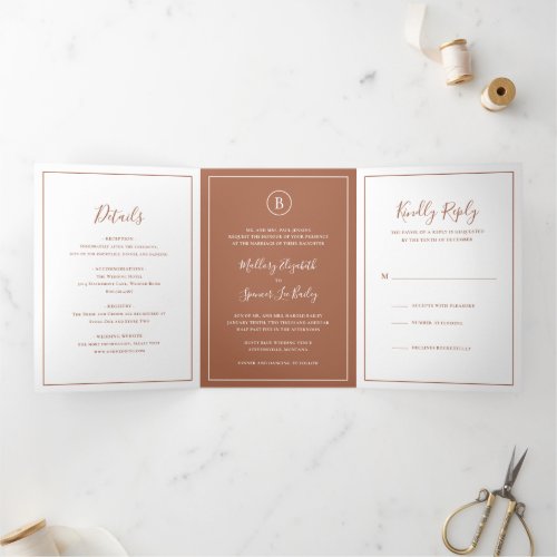 Elegant Monogram Photo Simple Terracotta Wedding Tri_Fold Invitation