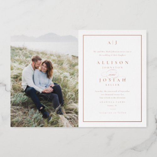 Elegant Monogram Photo Wedding Rose Gold Foil Invitation