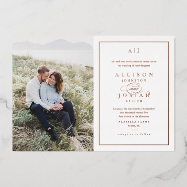Elegant Monogram Photo Wedding Rose Gold Foil Invitation (Front)