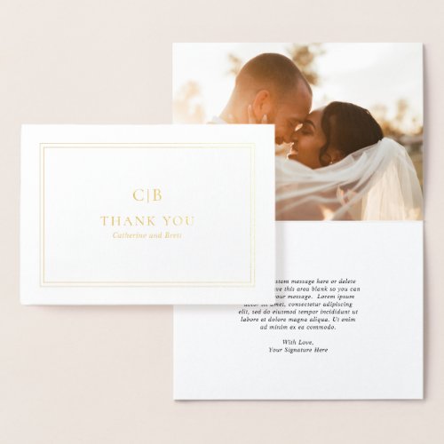 Elegant Monogram Photo Wedding Thank You Gold Foil Card