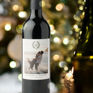 Elegant Monogram Photo Wedding Wreath Green Wine Label