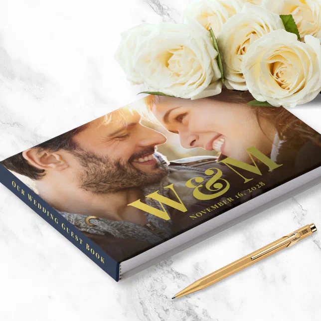 Elegant Monogram Photos Wedding Foil Guest Book

