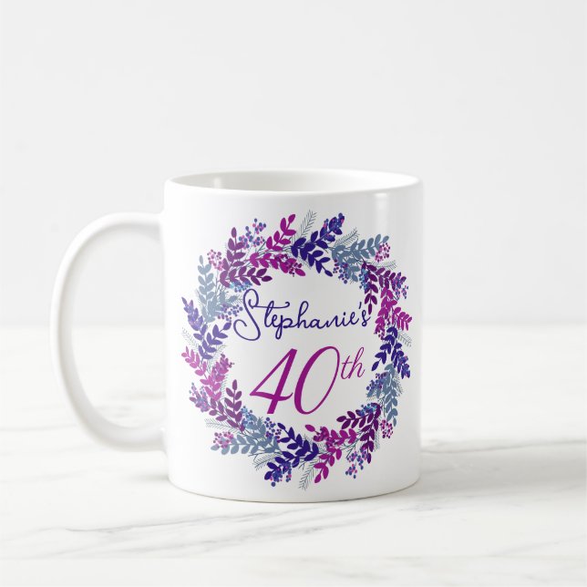 Elegant Monogram Pink and Purple 40th Birthday Coffee Mug (Left)