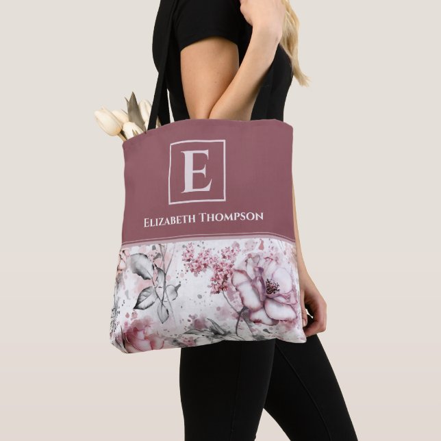 Elegant Monogram Pink and Purple Floral Botanical Tote Bag (Close Up)