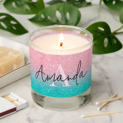 Elegant Monogram pink and turquoise glitter Scented Candle