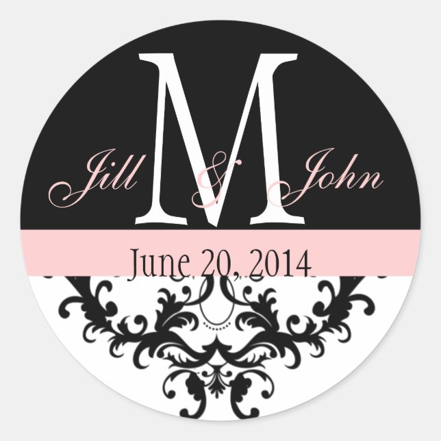 Elegant Monogram Pink Black Swirls Wedding Seal (Front)