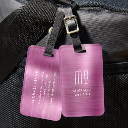 Elegant Monogram Pink Brushed Metal Luggage Tag