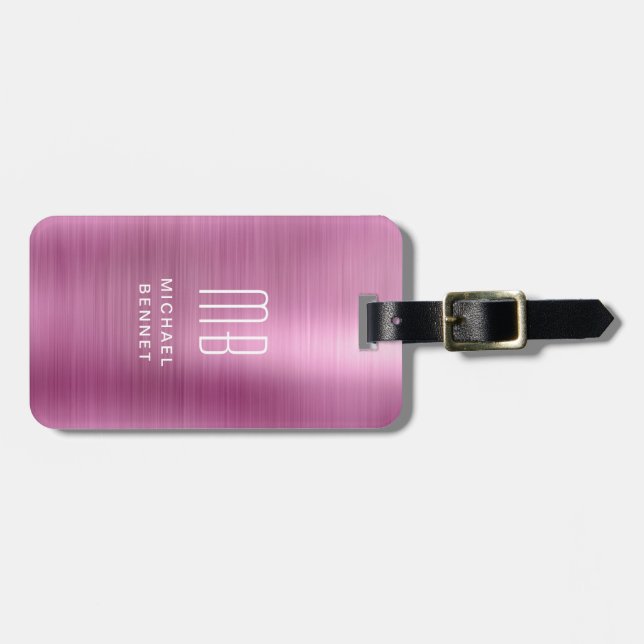 Elegant Monogram Pink Brushed Metal Luggage Tag (Front Horizontal)