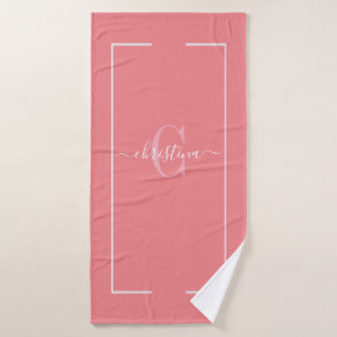 Elegant Monogram Pink Coral Bath Towel