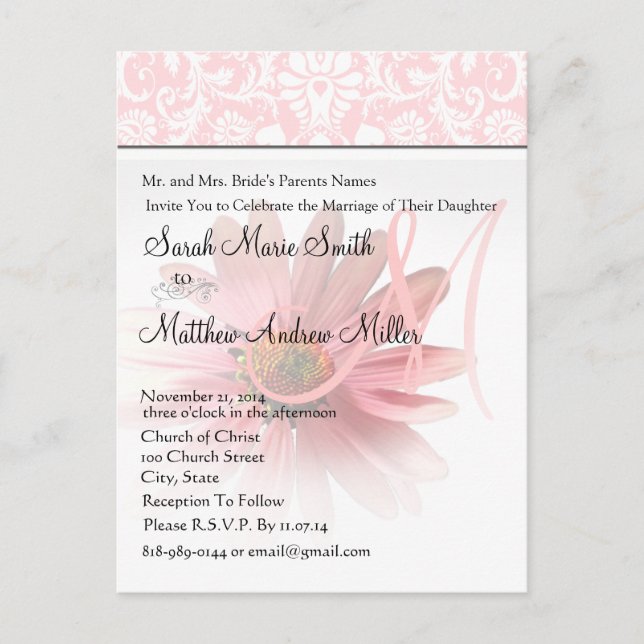 Elegant Monogram Pink Daisy Wedding Invitation (Front)