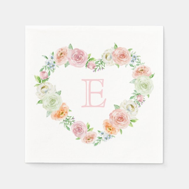Elegant Monogram Pink Floral Heart Wedding Napkins (Front)