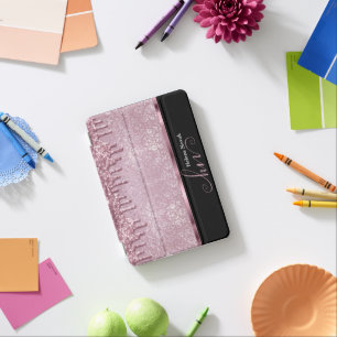 Elegant Monogram Pink Glitter Drip and Black iPad Mini Cover