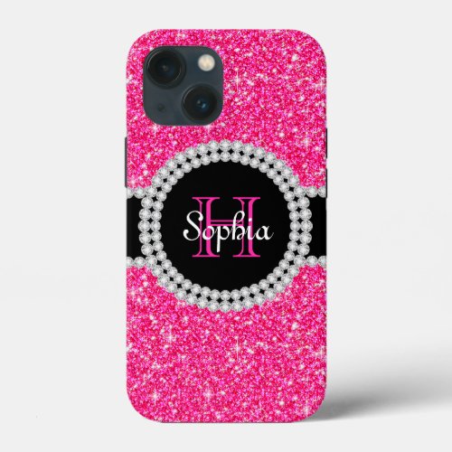 Elegant Monogram Pink Glitter iPhone 13 Case