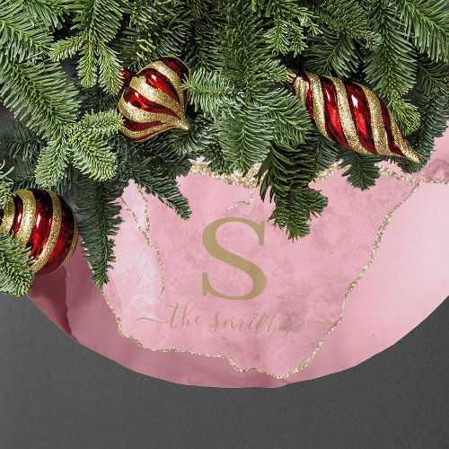 Elegant Monogram Pink Gold Marble Agate Christmas Brushed Polyester Tree Skirt