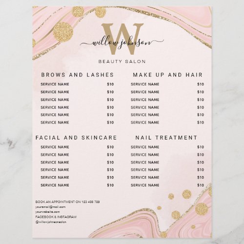 Elegant Monogram Pink Gold Marble Agate Price List Flyer