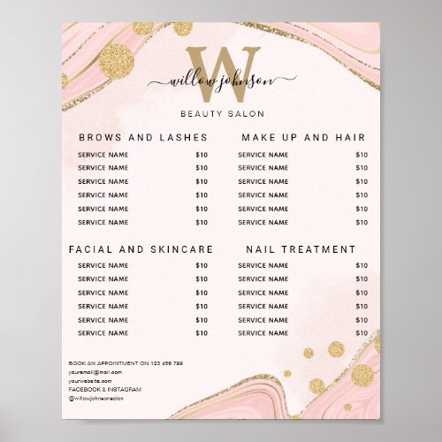 Elegant Monogram Pink Gold Marble Agate Price List Poster