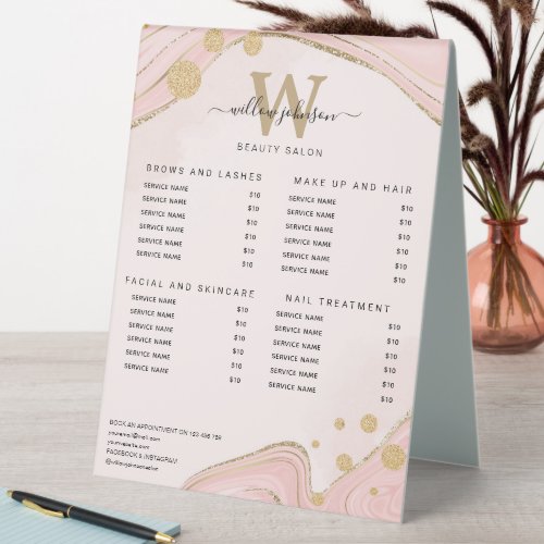 Elegant Monogram Pink Gold Marble Agate Price List Table Tent Sign