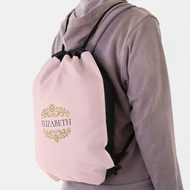 Elegant Monogram Pink Gold School Drawstring Bag (Insitu)