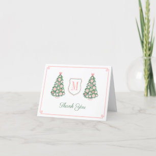 Elegant Monogram Pink Green Christmas Baby Shower Letterpress Thank You Card