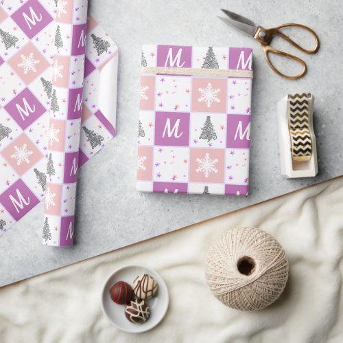 Elegant Monogram Pink Purple  Silver Christmas Wrapping Paper