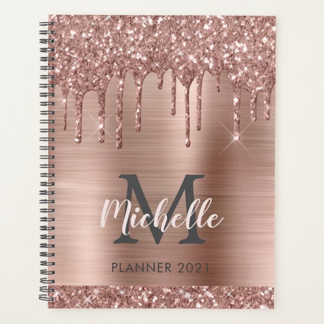 Elegant Monogram Pink Rose Gold Glitter Drips 2024 Planner (Front)