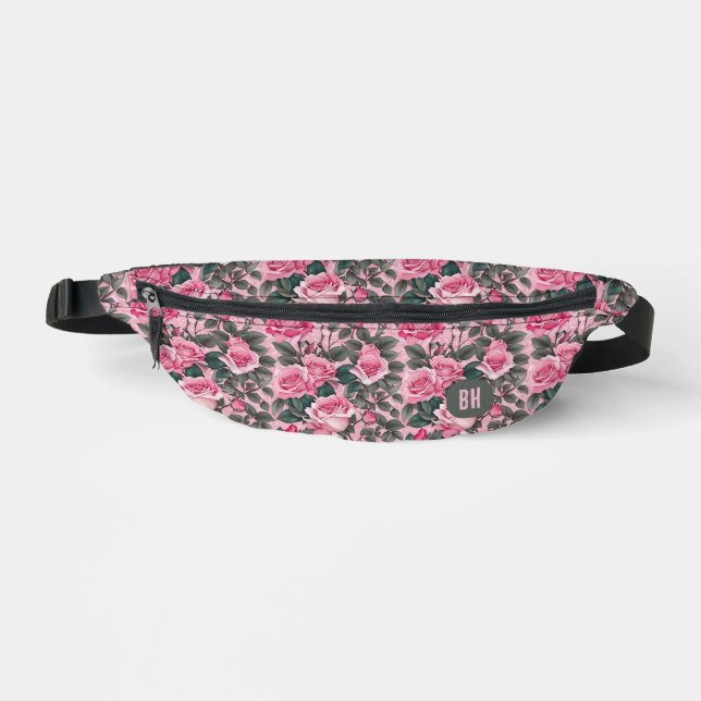 Elegant Monogram Pink Roses Fanny Pack (Front)