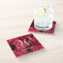 Elegant Monogram Pink Roses Floral Glass Coaster