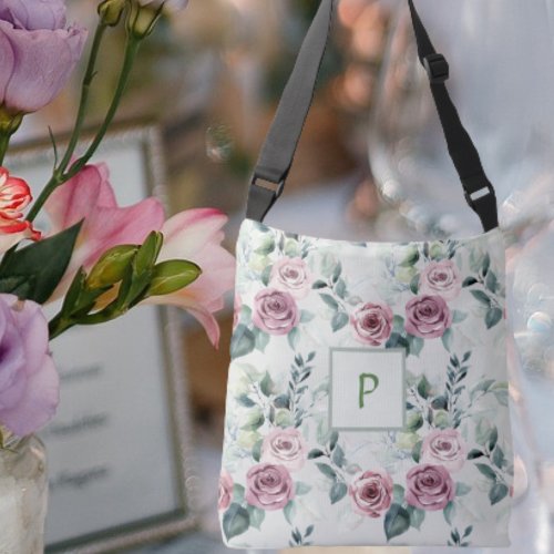 Elegant Monogram Pink Roses Vintage Floral Crossbody Bag