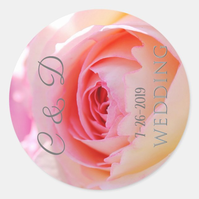 Elegant. Monogram Pink Wedding Rose Classic Round Sticker (Front)