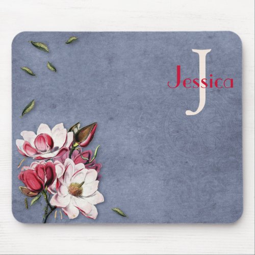 Elegant Monogram Pink  White Flowers Stamped Blue Mouse Pad