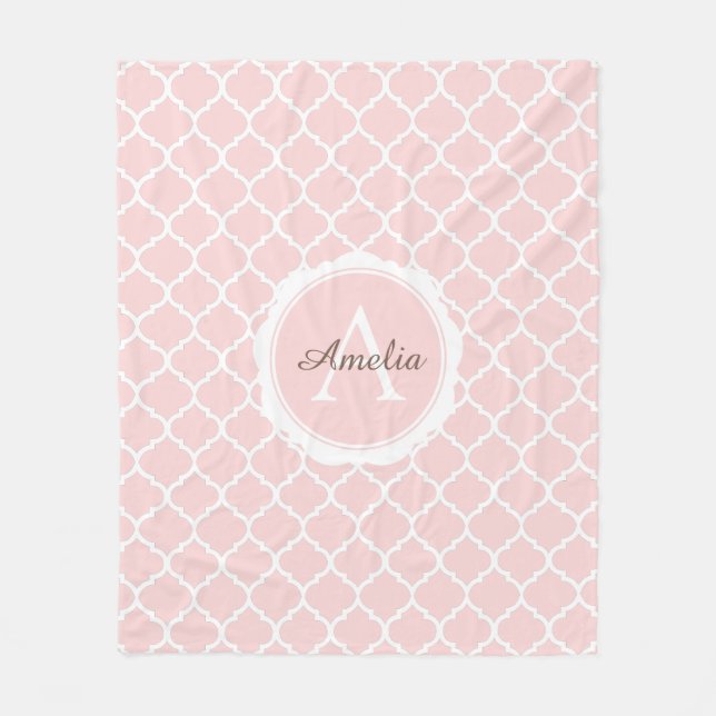 Elegant Monogram Pink White Modern Script Fleece Blanket (Front)