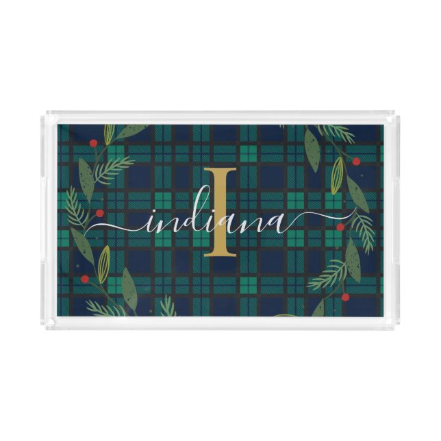 Elegant Monogram Plaid Script Wreath Rustic Tartan Acrylic Tray (Front)