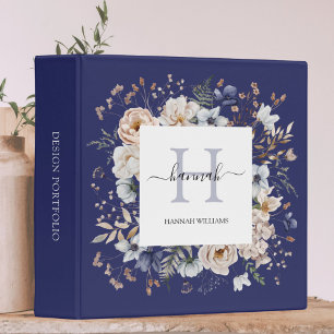 Elegant Monogram Pretty Beige Blue Flowers Floral 3 Ring Binder