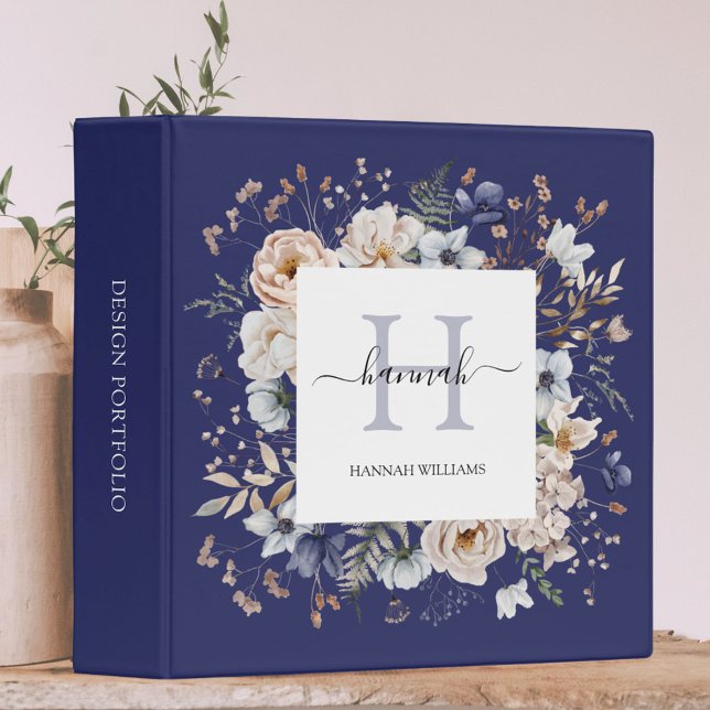Elegant Monogram Pretty Beige Blue Flowers Floral 3 Ring Binder (In situ)