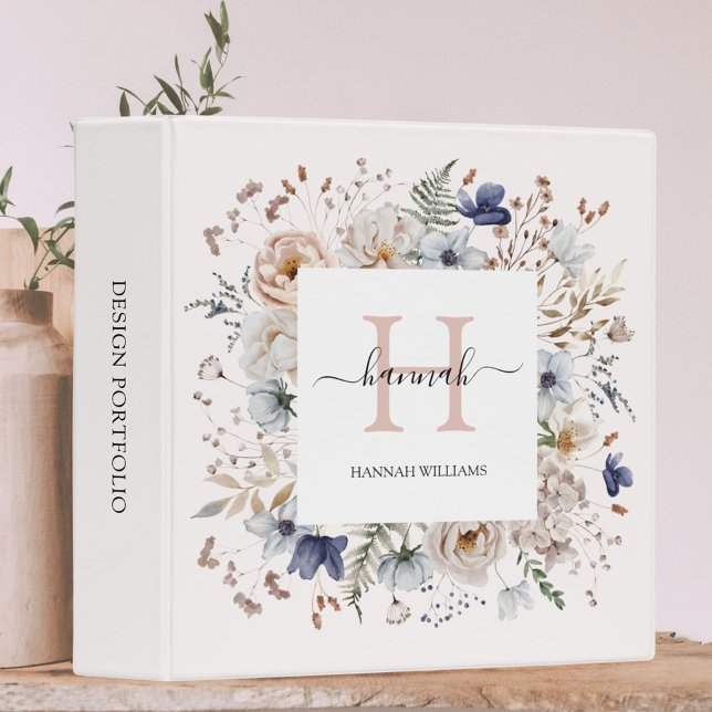 Elegant Monogram Pretty Beige Blue Flowers Floral 3 Ring Binder (In situ)