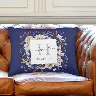 Elegant Monogram Pretty Beige Blue Flowers Floral Accent Pillow