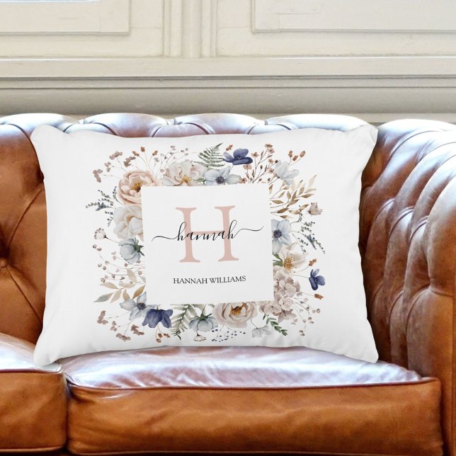 Elegant Monogram Pretty Beige Blue Flowers Floral Accent Pillow (In situ)