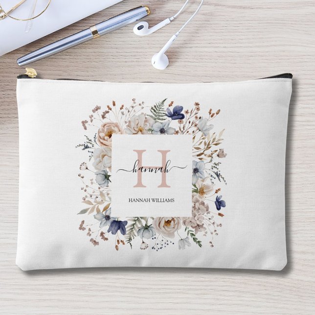 Elegant Monogram Pretty Beige Blue Flowers Floral Accessory Pouch (In situ)