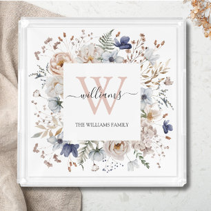 Elegant Monogram Pretty Beige Blue Flowers Floral Acrylic Tray