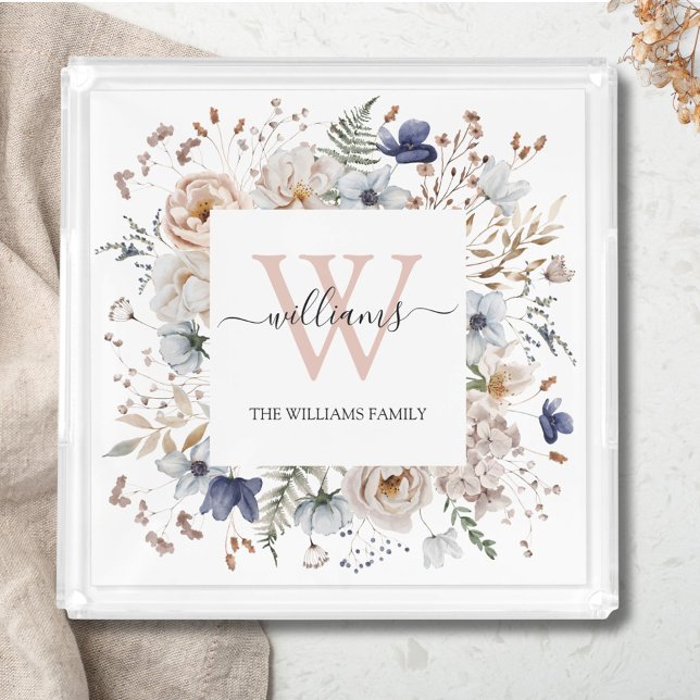 Elegant Monogram Pretty Beige Blue Flowers Floral Acrylic Tray (In situ)