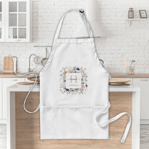 Elegant Monogram Pretty Beige Blue Flowers Floral Adult Apron