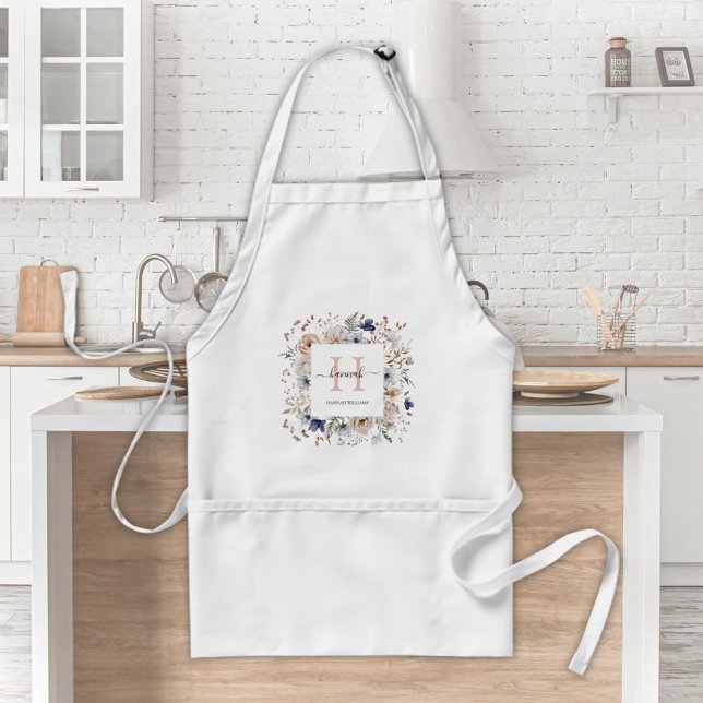 Elegant Monogram Pretty Beige Blue Flowers Floral Adult Apron (In situ)