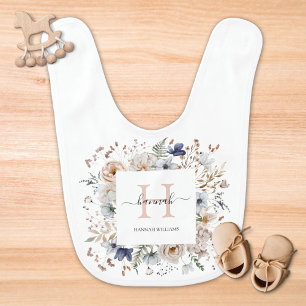 Elegant Monogram Pretty Beige Blue Flowers Floral Baby Bib