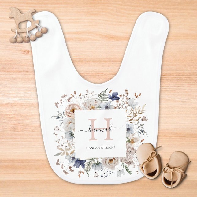 Elegant Monogram Pretty Beige Blue Flowers Floral Baby Bib (In situ)