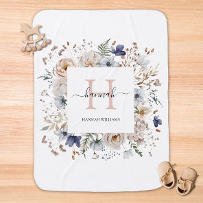 Elegant Monogram Pretty Beige Blue Flowers Floral Baby Blanket